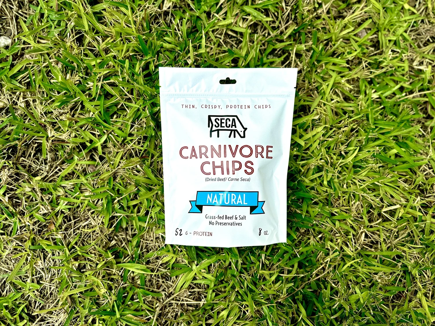 SECA Carnivore Chips bag &mdash; two ingredients, slow-dried in Texas